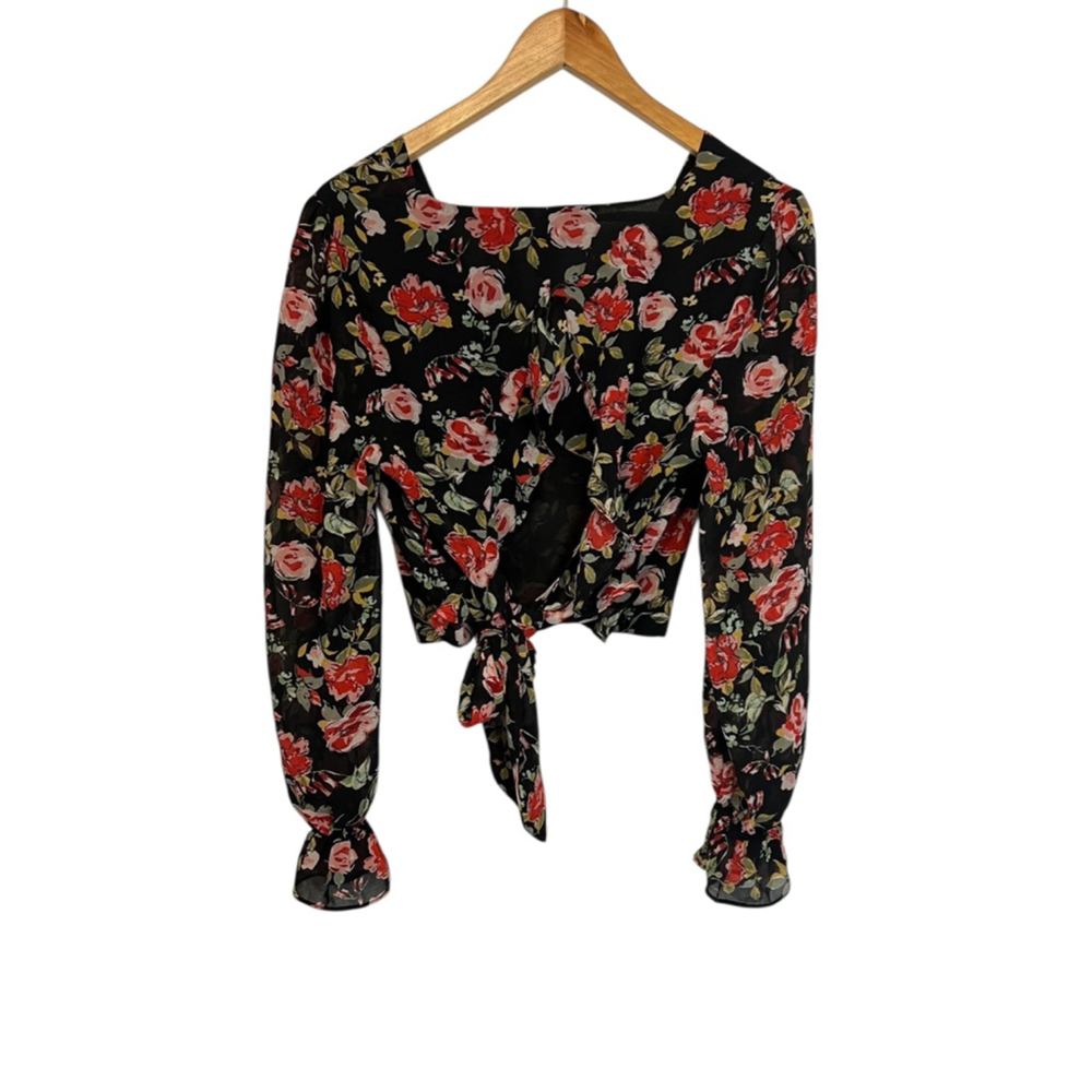 Women's Dynamite Black & Red Floral Long Sleeve Blouse Size L - Picture 5 of 10